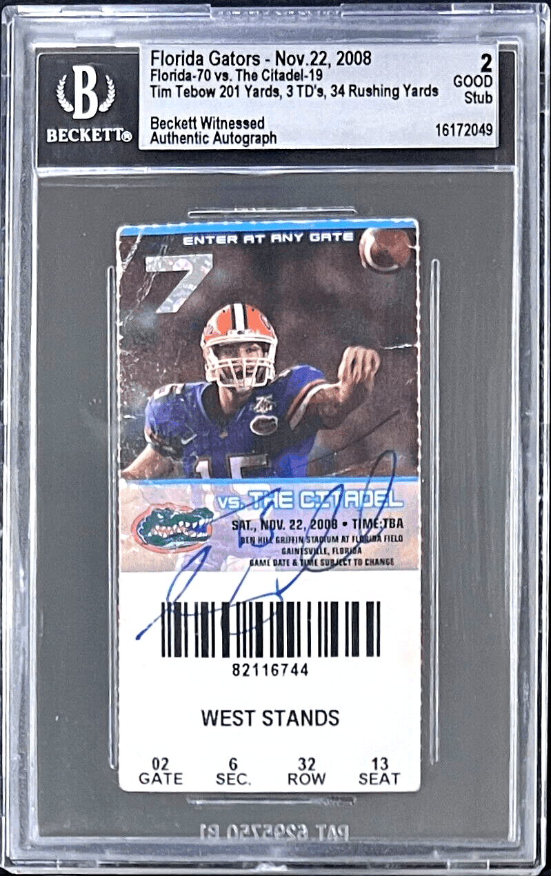 Tim Tebow Signed Florida Gators Nov. 22, 2008 Ticket Stub Beckett Good2 16172049 Ticket Stub tim-tebow-florida-gators-nov-22, supplier stock photo