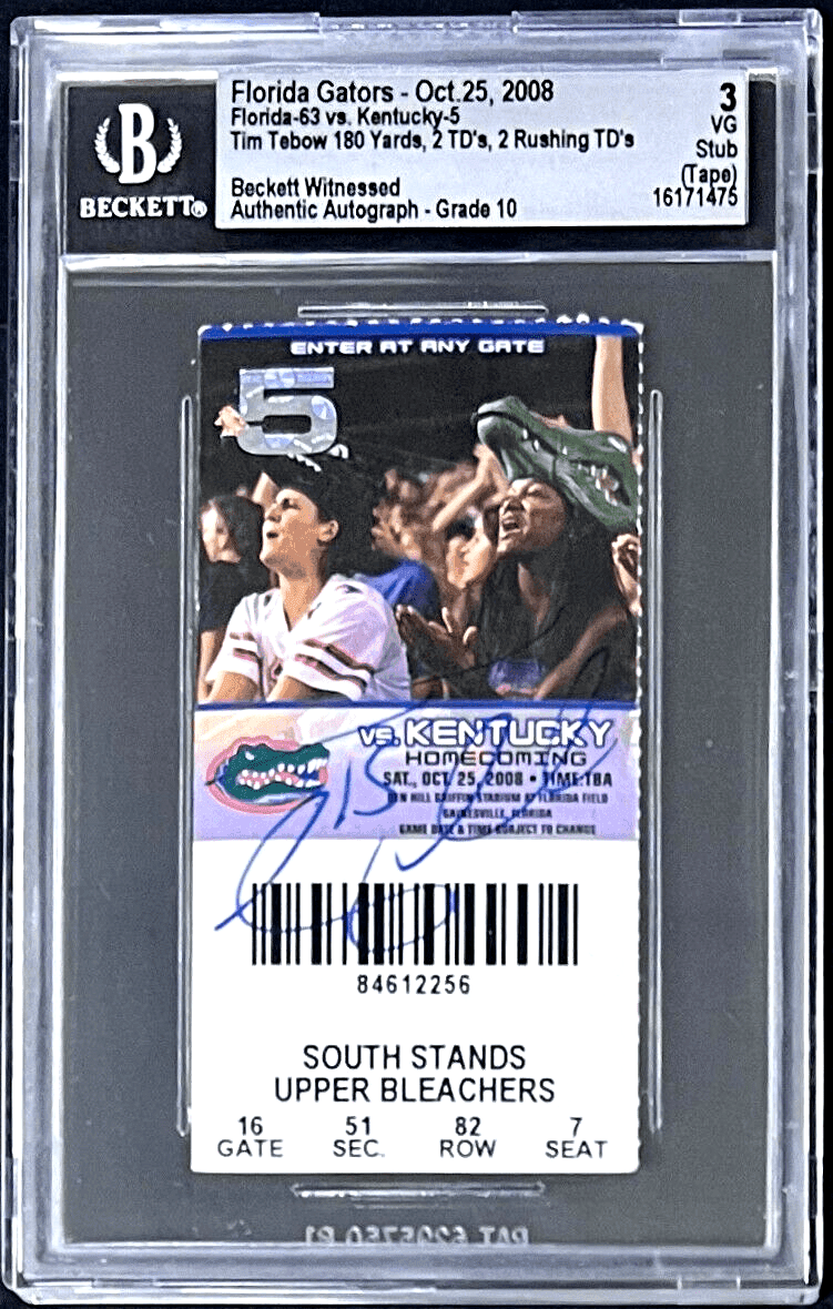 Tim Tebow Signed Florida Gators Oct. 25, 2008 Ticket Stub Beckett VG3 16171475 Ticket Stub tim-tebow-florida-gators-oct-25, supplier stock photo