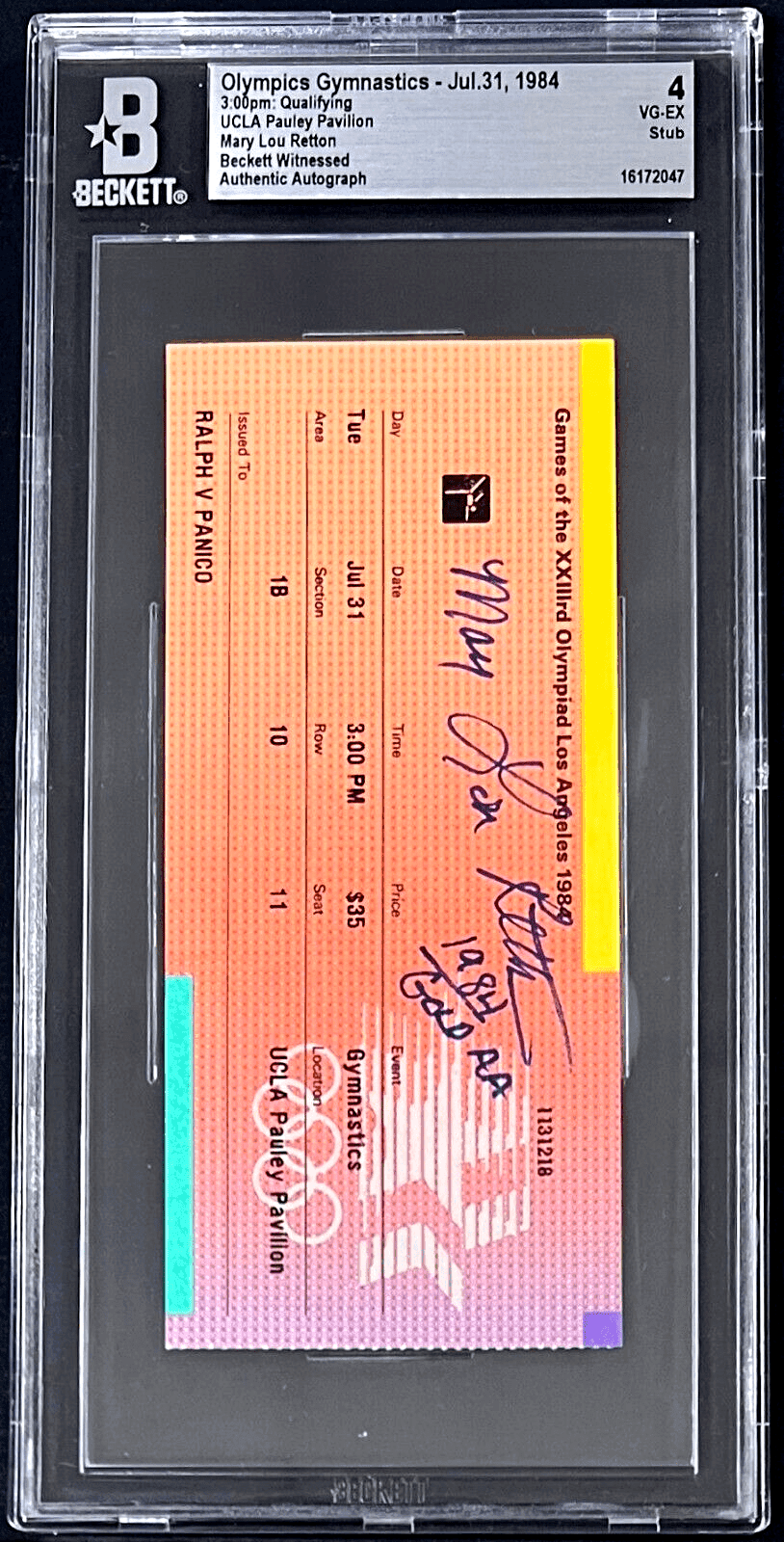 Mary Lou Retton Signed 1984 Olympics Ticket Beckett VG-EX 4 16172047 Ticket Stub 16172047, supplier stock photo