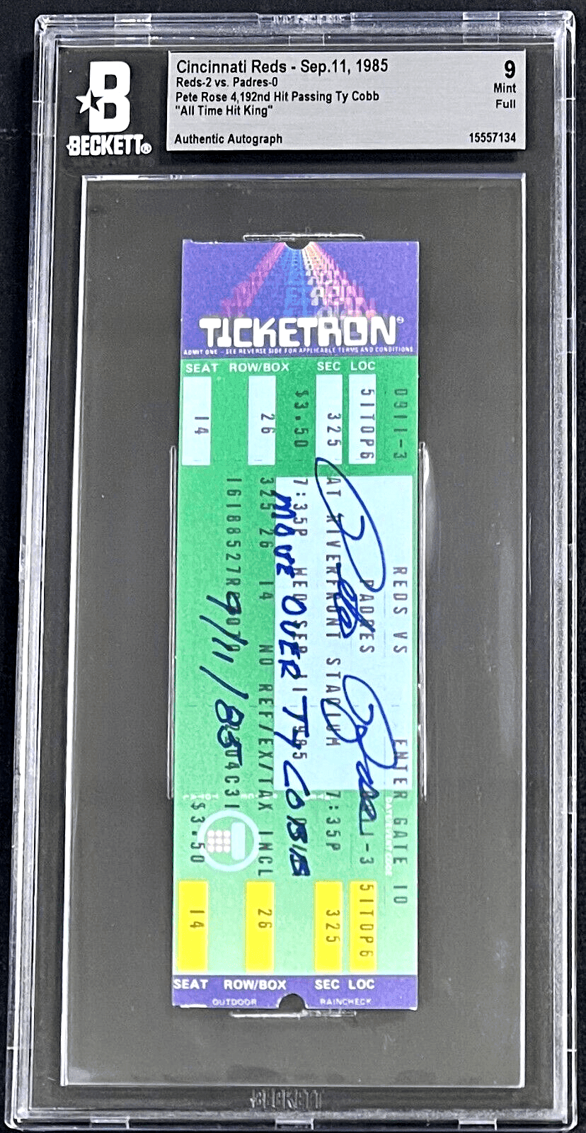 PETE ROSE AUTOGRAPHED FULL TICKET SEPTEMBER 11, 1985 BECKETT 9 MINT 4,192nd HIT Pete Rose Ticket Stub full-september-11-1985-9-mint, Cincinnati Reds, supplier stock photo