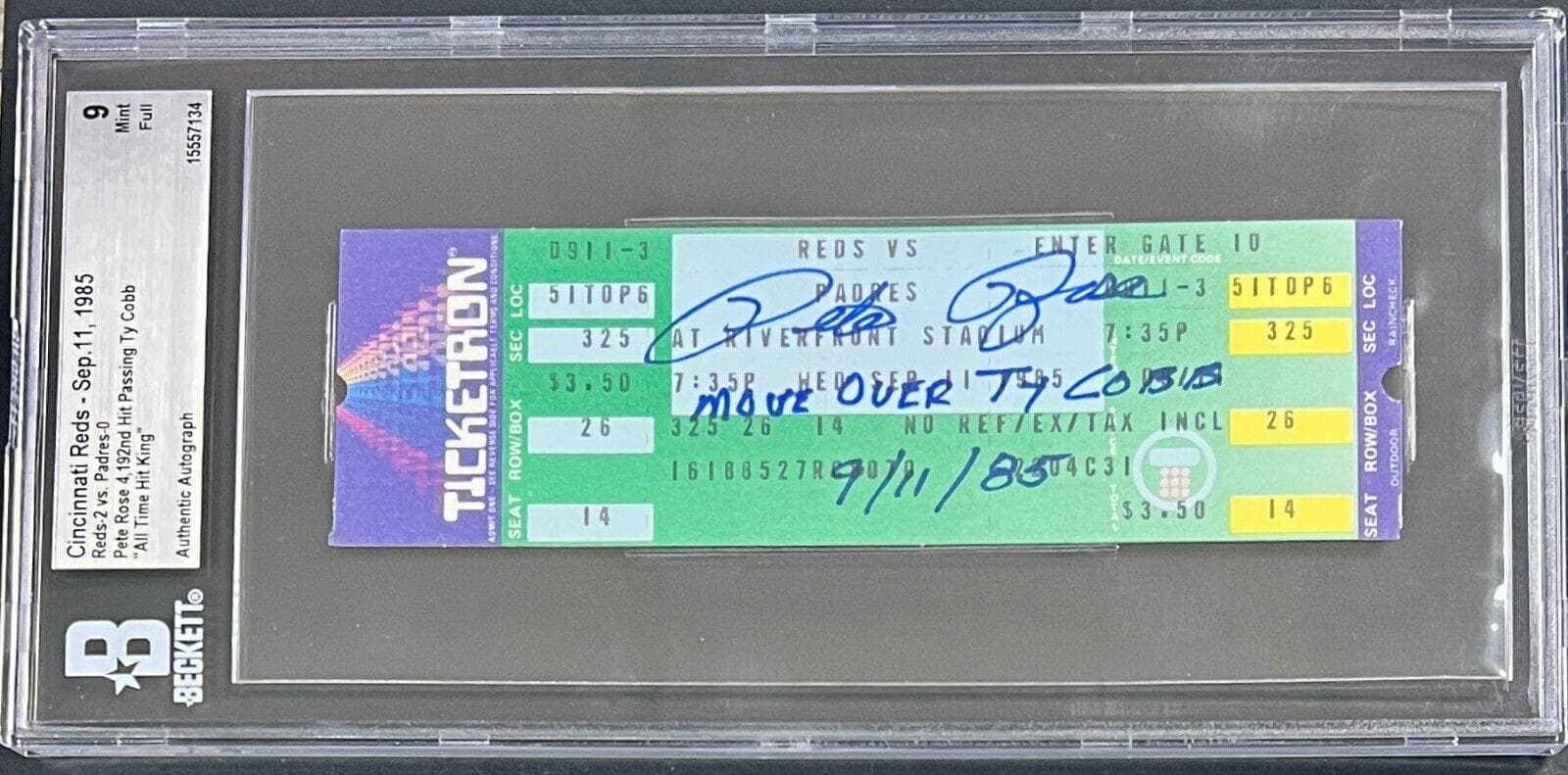 PETE ROSE AUTOGRAPHED FULL TICKET SEPTEMBER 11, 1985 BECKETT 9 MINT 4,192nd HIT Pete Rose Ticket Stub full-september-11-1985-9-mint, Cincinnati Reds, view 2, supplier stock photo
