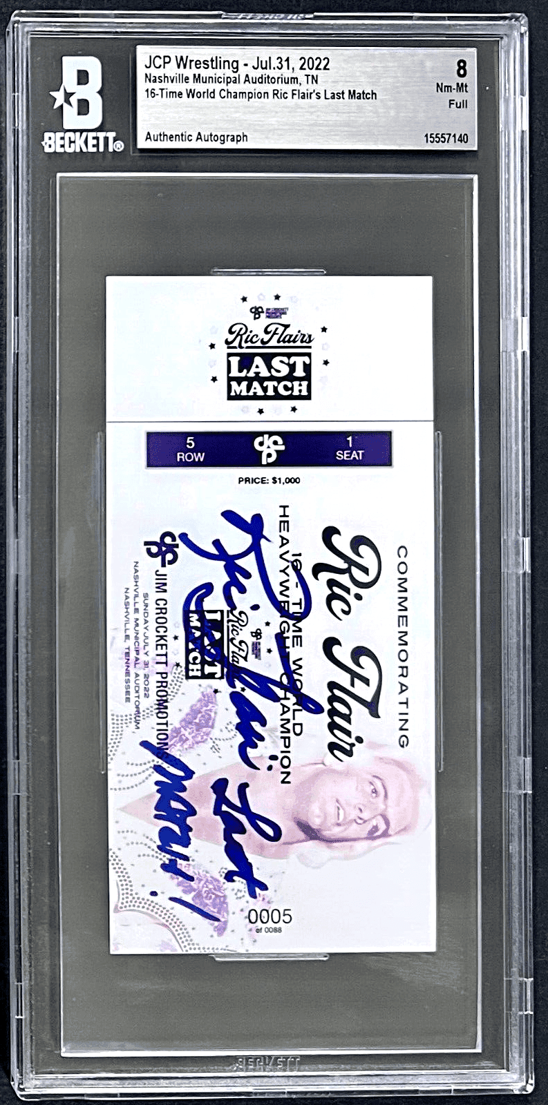 Ric Flair Signed Ric Flair’s Last Match Full Ticket Jul. 31 2022 Beckett NM-MT 8 Ric Flair Ticket Stub flairs-last-match-full-jul-31, supplier stock photo