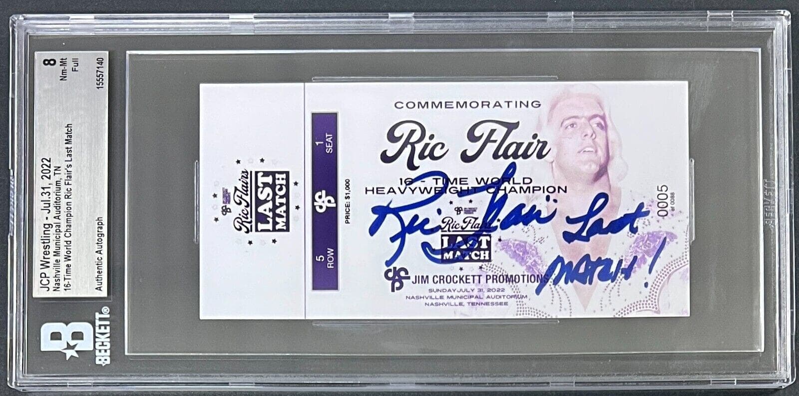 Ric Flair Signed Ric Flair’s Last Match Full Ticket Jul. 31 2022 Beckett NM-MT 8 Ric Flair Ticket Stub flairs-last-match-full-jul-31, view 2, supplier stock photo