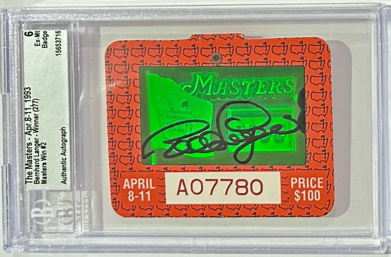 Bernhard Langer Autographed Signed 1993 The Masters Badge Beckett Ex-Mt 6 Bernhard Langer Card bernhard-langer-1993-masters-badge-ex, view 2, supplier stock photo