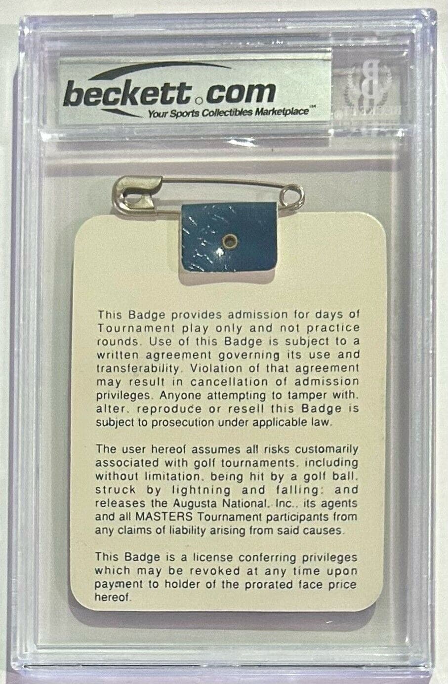 Fred Couples Autographed Signed 1992 The Masters Badge Beckett Nm-Mt 8 Fred Couples Card fred-couples-1992-masters-badge-nm, view 2, supplier stock photo
