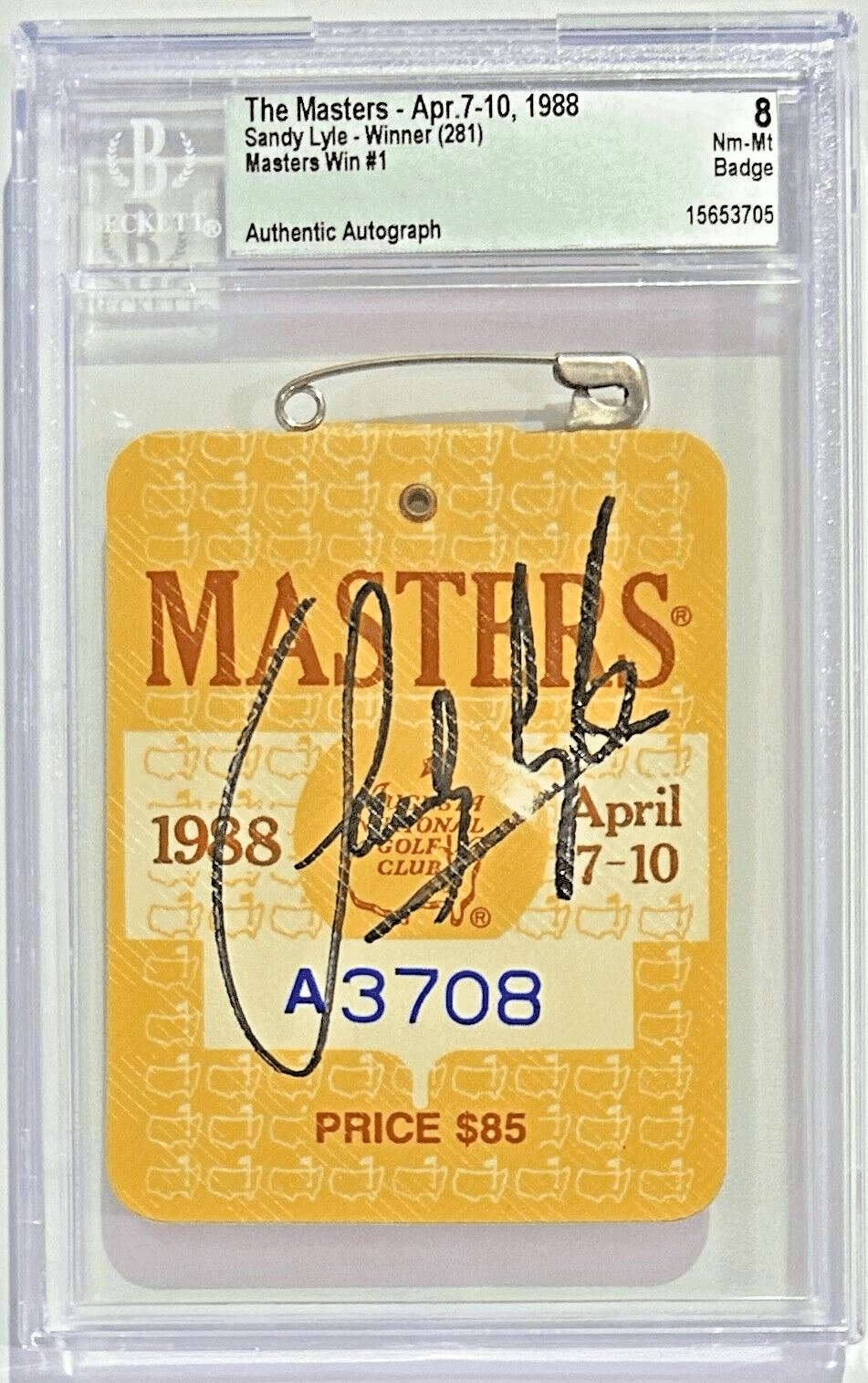 Sandy Lyle Autographed Signed 1988 The Masters Badge Beckett Nm-Mt 8 Sandy Lyle Card sandy-lyle-1988-masters-badge-nm, supplier stock photo