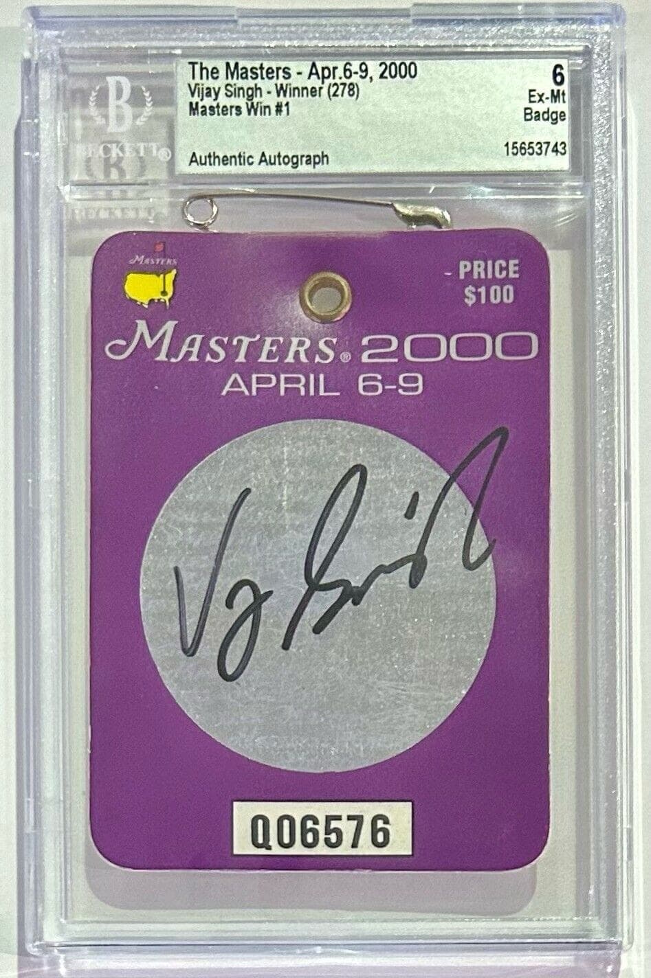 Vijay Singh Autographed Signed 2000 The Masters Badge Beckett Ex-Mt 6 Vijay Singh Card vijay-singh-2000-masters-badge-ex, supplier stock photo