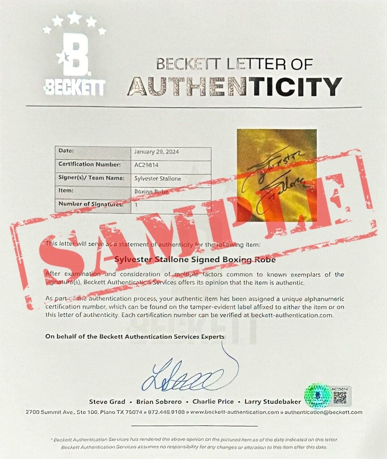 Sylvester Stallone Signed Rocky III Trunks Beckett Authenticated Sylvester Stallone Other sylvester-stallone-rocky-iii-trunks, view 4, supplier stock photo