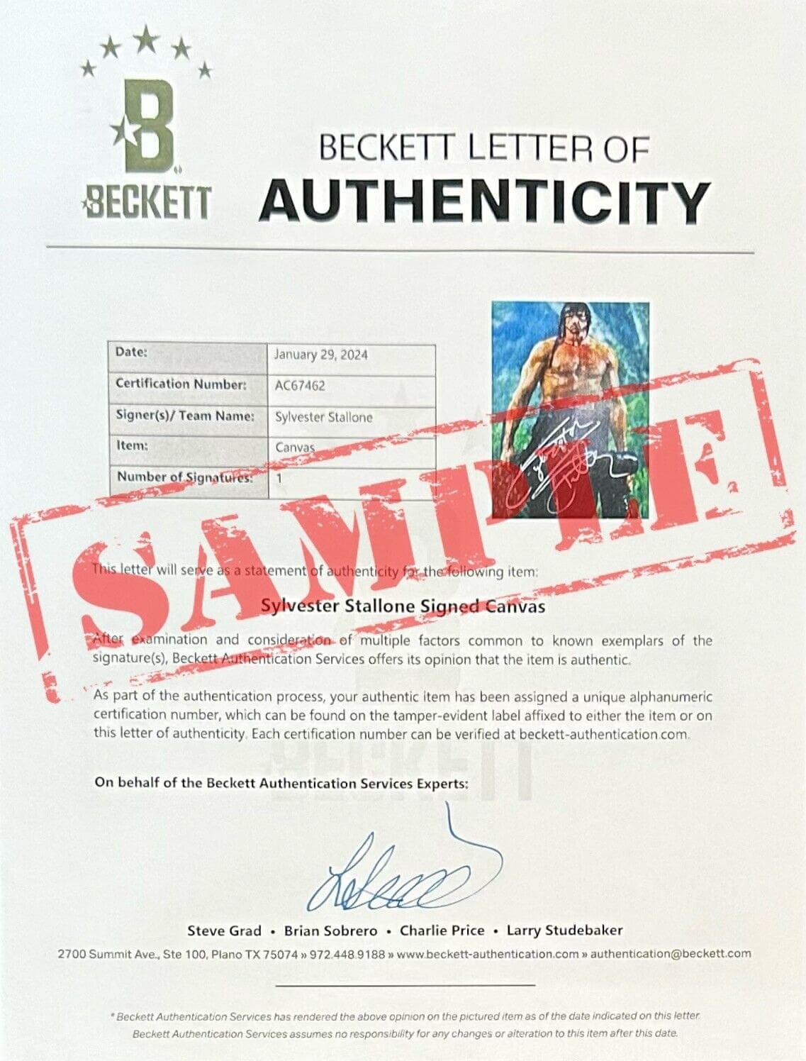 Sylvester Stallone Signed Rambo Unstretched Canvas 24×36 Beckett Authen A Sylvester Stallone Canvas 24x36-sylvester-stallone-rambo-unstretched-24-36, view 4, supplier stock photo