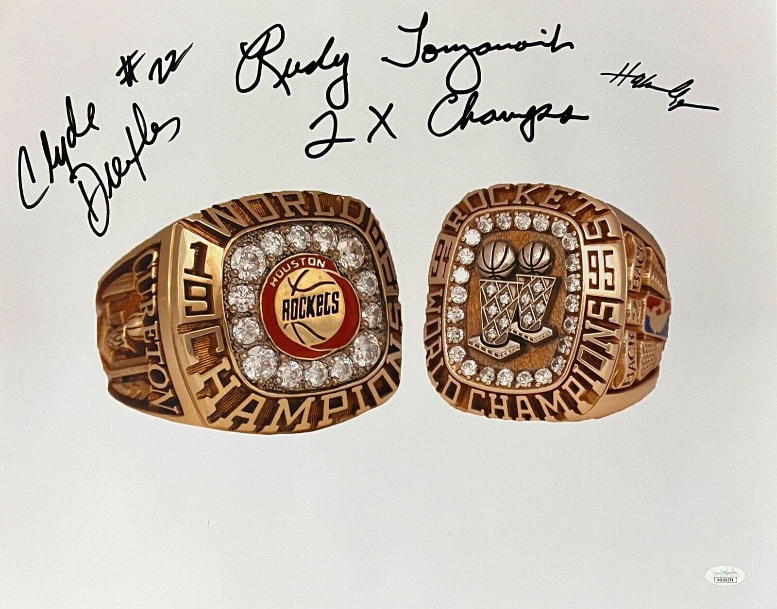 Rudy T Hakeem Olajuwon Clyde Drexler Signed 16×20 Photo JSA Authen Rings #3 Hakeem Olajuwon Photo 16x20-rudy-clyde-drexler-16-20-authen, Houston Rockets, supplier stock photo