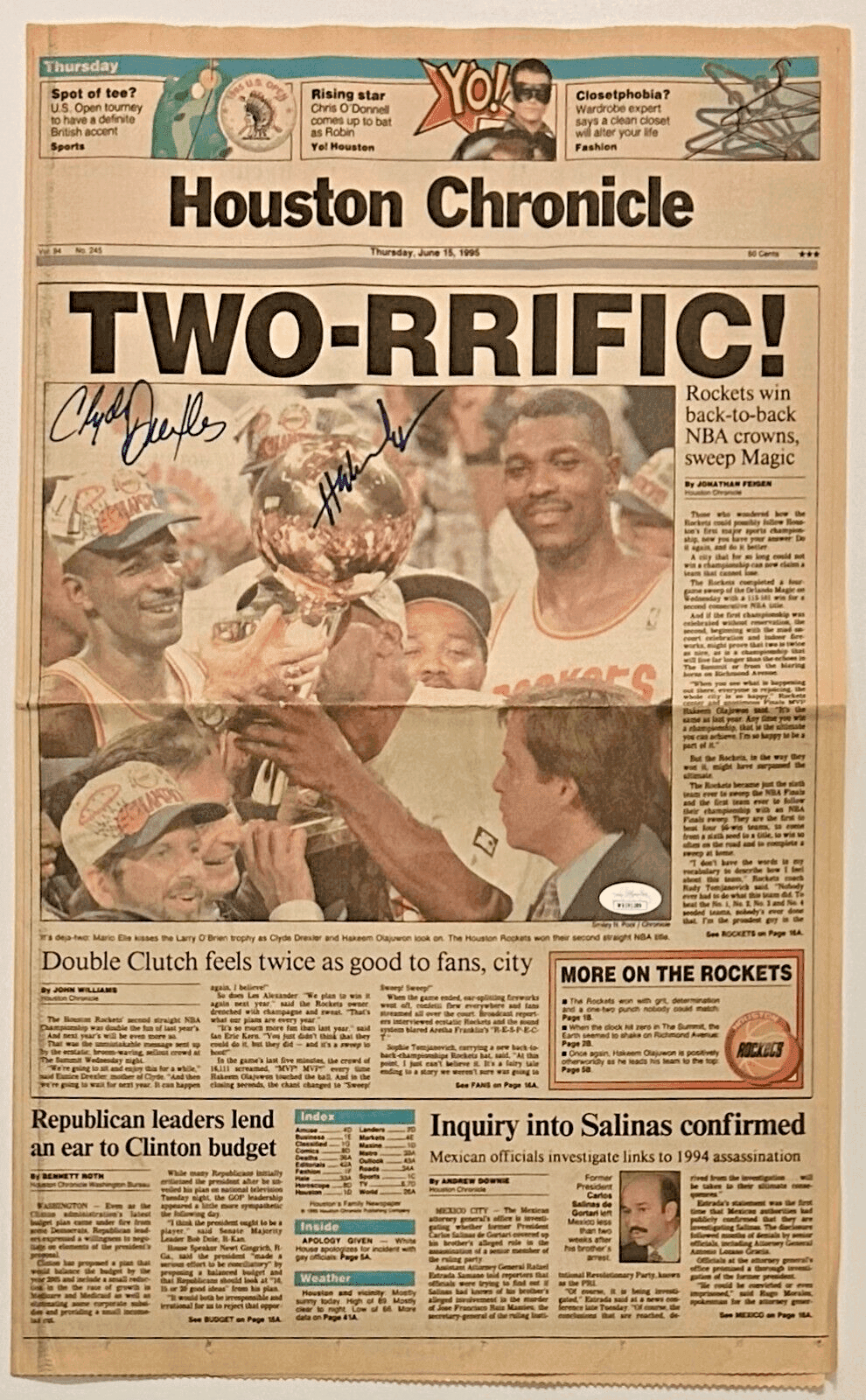 Hakeem Olajuwon Clyde Drexler Signed Houston Chronicle Front Page Newspaper JSA Hakeem Olajuwon Ball clyde-drexler-chronicle-front-page-newspaper, Houston Rockets, supplier stock photo