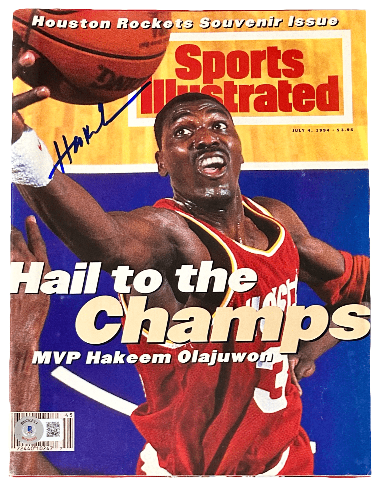 Hakeem Olajuwon Signed Hail to the Champs Sports Illustrated July 4, 94 Beckett Hakeem Olajuwon Photo hail-champs-illustrated-july-4-94, Houston Rockets, supplier stock photo