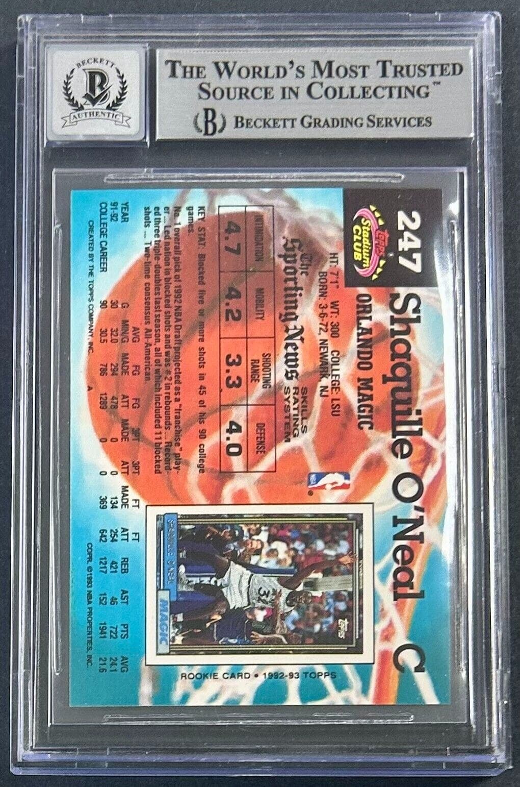 Shaquille O’Neal Signed 1992 Topps Stadium Club #247 RC BAS Beckett Auto 10 Shaquille O'Neal Card 1992-topps-stadium-club-247-rc, view 2, supplier stock photo
