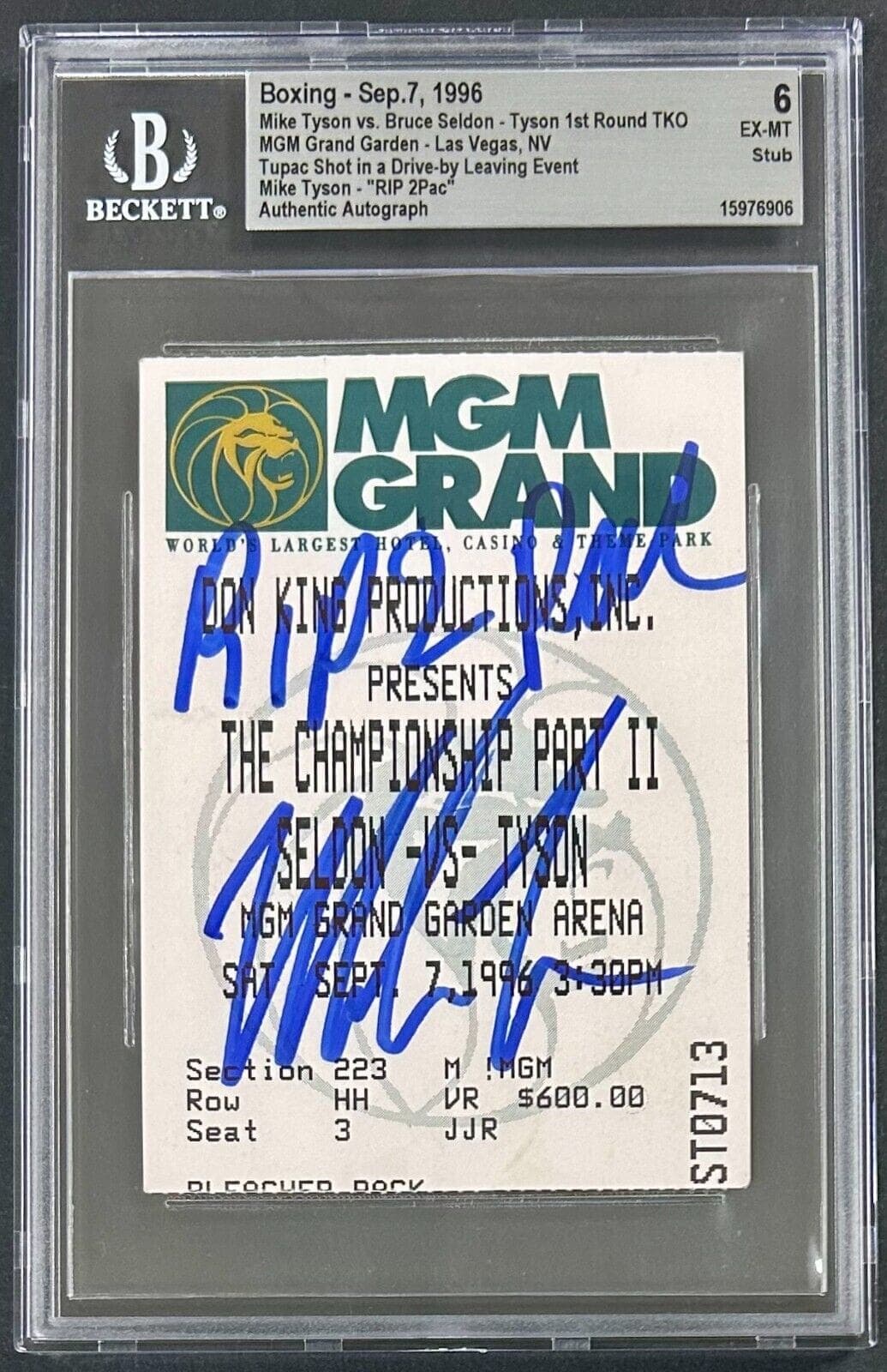 Mike Tyson Signed Fight Ticket Stub Tupac Shot Leaving Fight BAS 6 EX-M RIP 2Pac Mike Tyson Ticket Stub fight-tupac-shot-leaving-6-ex, supplier stock photo