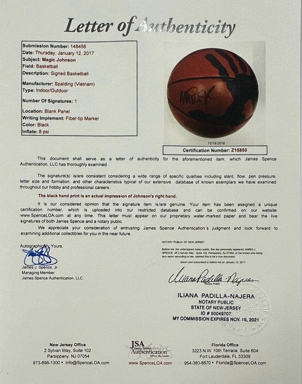 Magic Johnson Handprint and Signed Autographed Basketball JSA Full Letter Authen Magic Johnson Ball handprint-basketball-full-letter-authen, Los Angeles Lakers, view 3, supplier stock photo