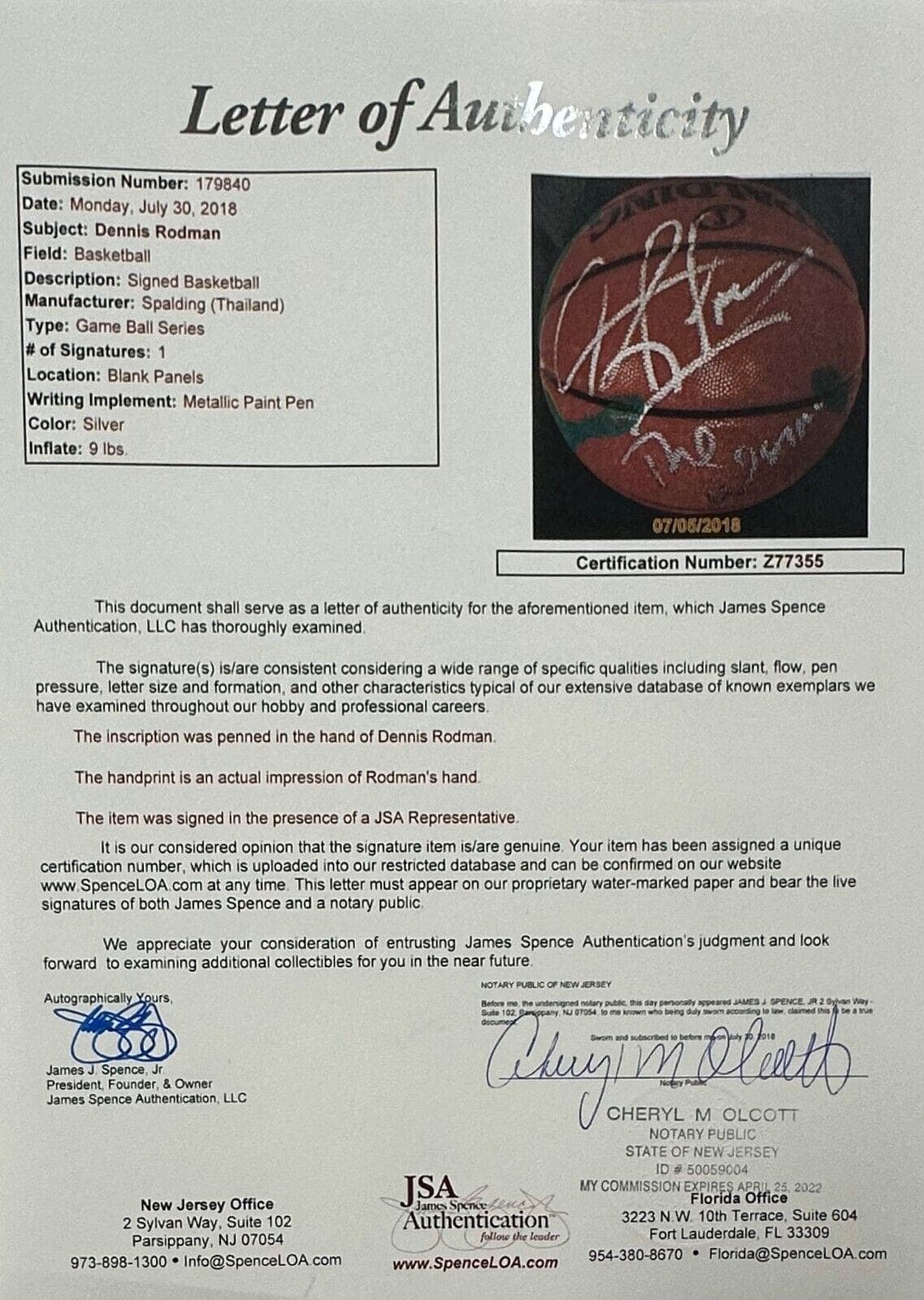 Dennis Rodman Handprint & Signed Autographed Basketball JSA Full Letter Authen Dennis Rodman Ball dennis-rodman-handprint-basketball-full-letter, Chicago Bulls, view 5, supplier stock photo