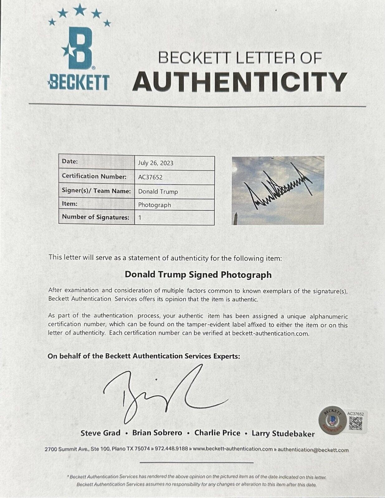President Donald Trump Signed Autographed Framed 16×20 Photo Beckett Letter B Photo 16x20-president-donald-trump-framed-16-20, view 2, supplier stock photo