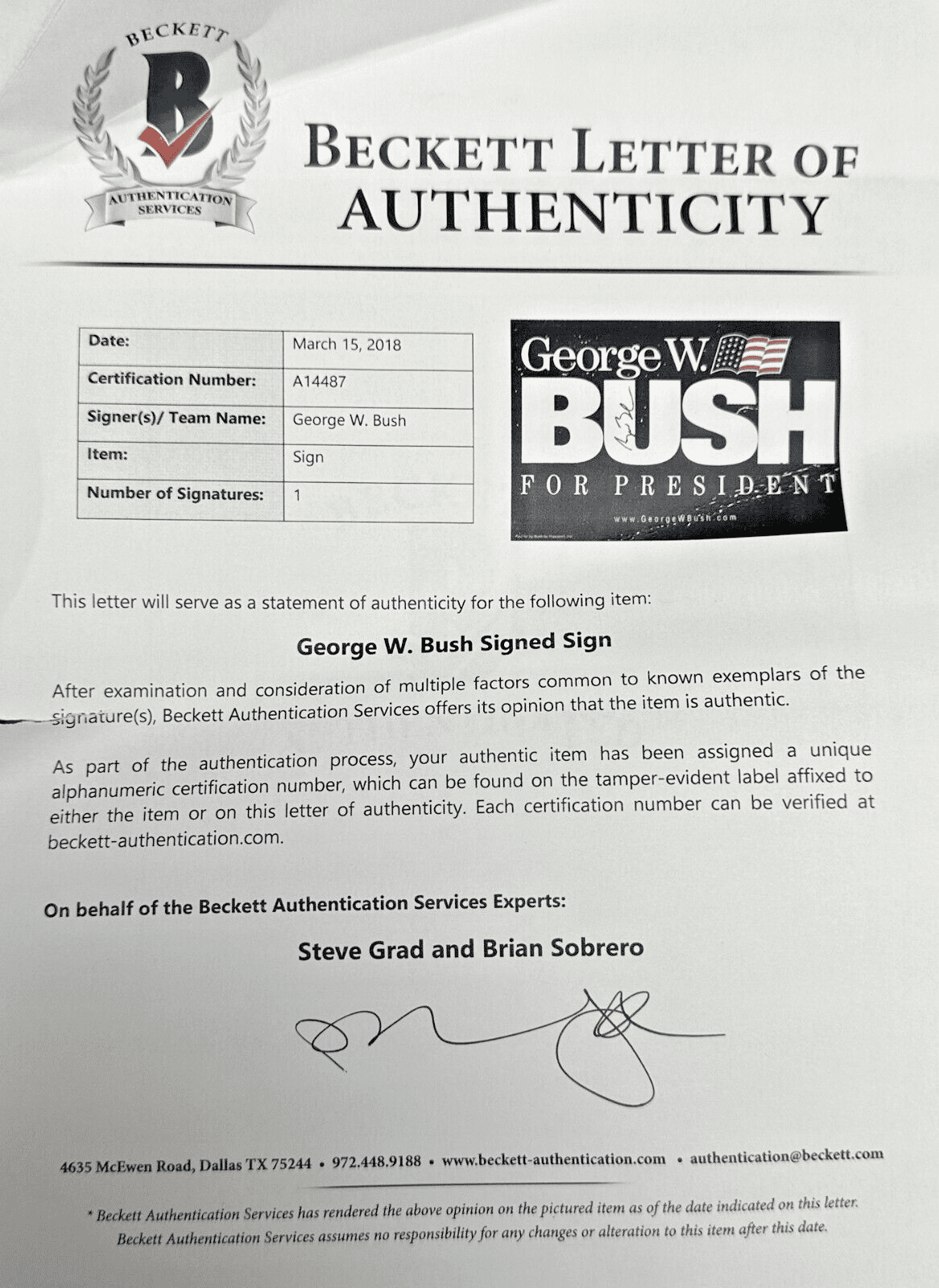 George W. Bush Signed Autographed Framed Campaign Sign Beckett Full Letter Other george-bush-framed-campaign-sign-full, view 2, supplier stock photo