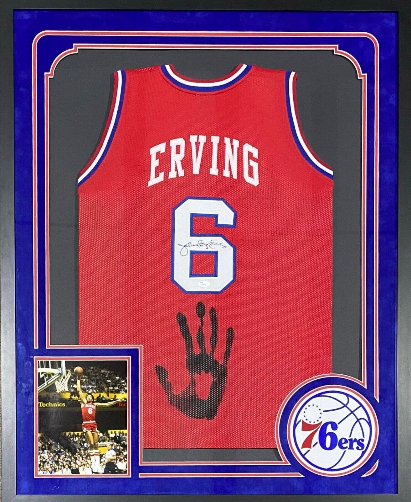 Julius Erving Dr. J Handprint Signed Autographed Red Framed Jersey JSA Authen Julius Erving Jersey julius-erving-dr-handprint-red-framed, Philadelphia 76ers, supplier stock photo