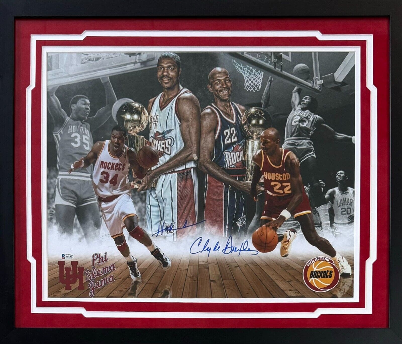 Hakeem Olajuwon Clyde Drexler Signed Autographed Framed 16×20 Photo JSA #1 Hakeem Olajuwon Photo 16x20-hakeem-olajuwon-clyde-drexler-framed-16, Houston Rockets, supplier stock photo
