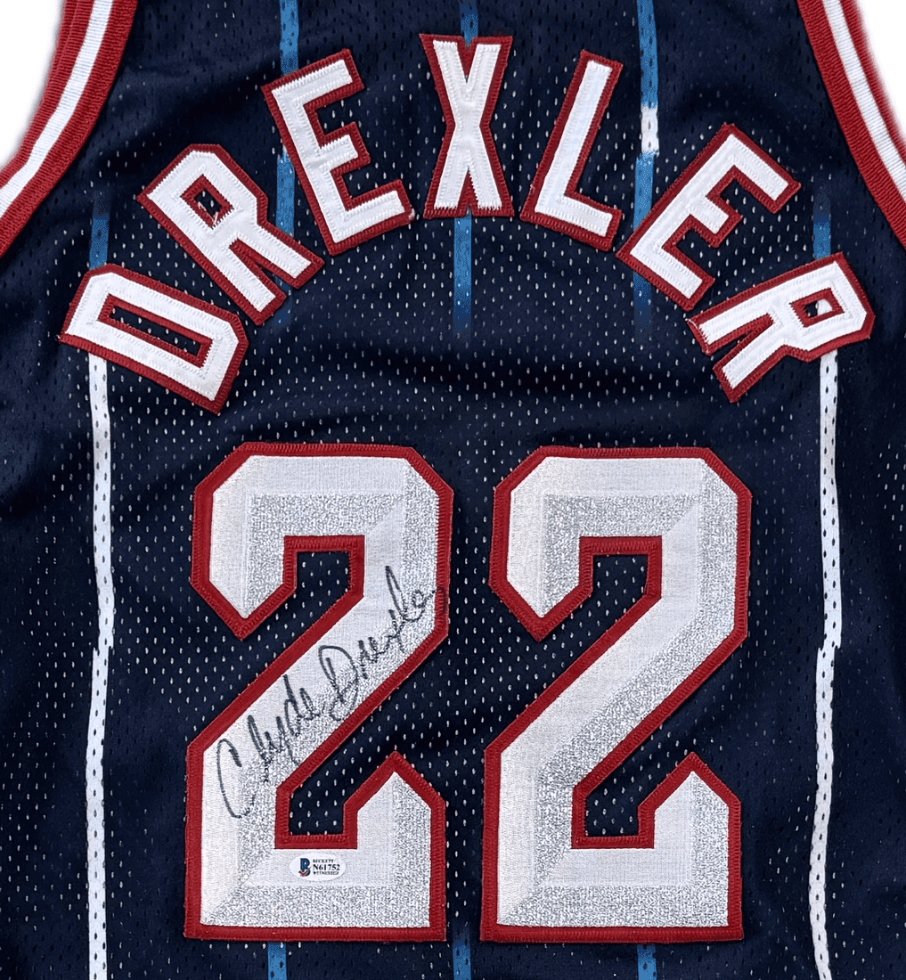 Clyde Drexler Signed Autographed Champions 75th Anniv. Rockets Jersey Beckett Clyde Drexler Jersey champions-75th-anniv, Houston Rockets, view 3, supplier stock photo