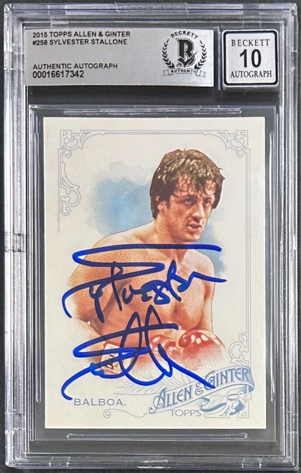 Sylvester Stallone Signed 2015 Topps Allen & Ginter Card BAS 16617342 Auto 10 Sylvester Stallone Card sylvester-stallone-2015-topps-allen-ginter, supplier stock photo