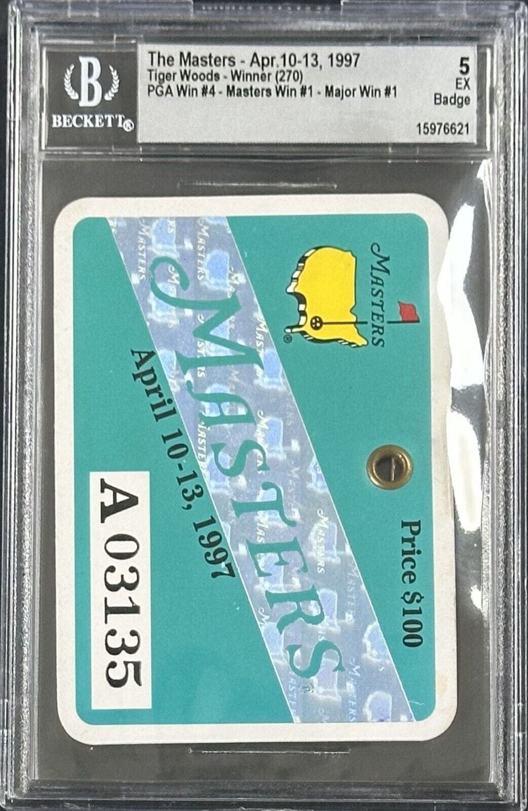 Tiger Woods 1997 Masters Badge Woods 1st Masters Win Beckett 5 EX 15976621 Tiger Woods Card 1997-masters-badge-1st-win-5, supplier stock photo