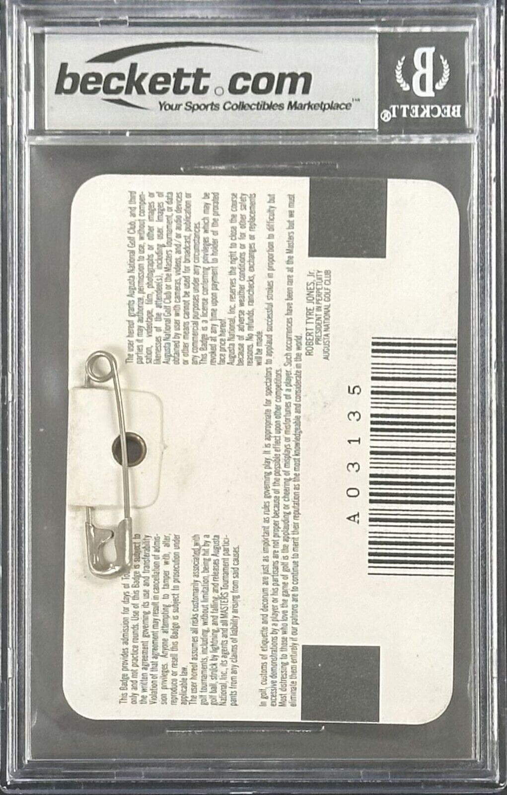 Tiger Woods 1997 Masters Badge Woods 1st Masters Win Beckett 5 EX 15976621 Tiger Woods Card 1997-masters-badge-1st-win-5, view 2, supplier stock photo