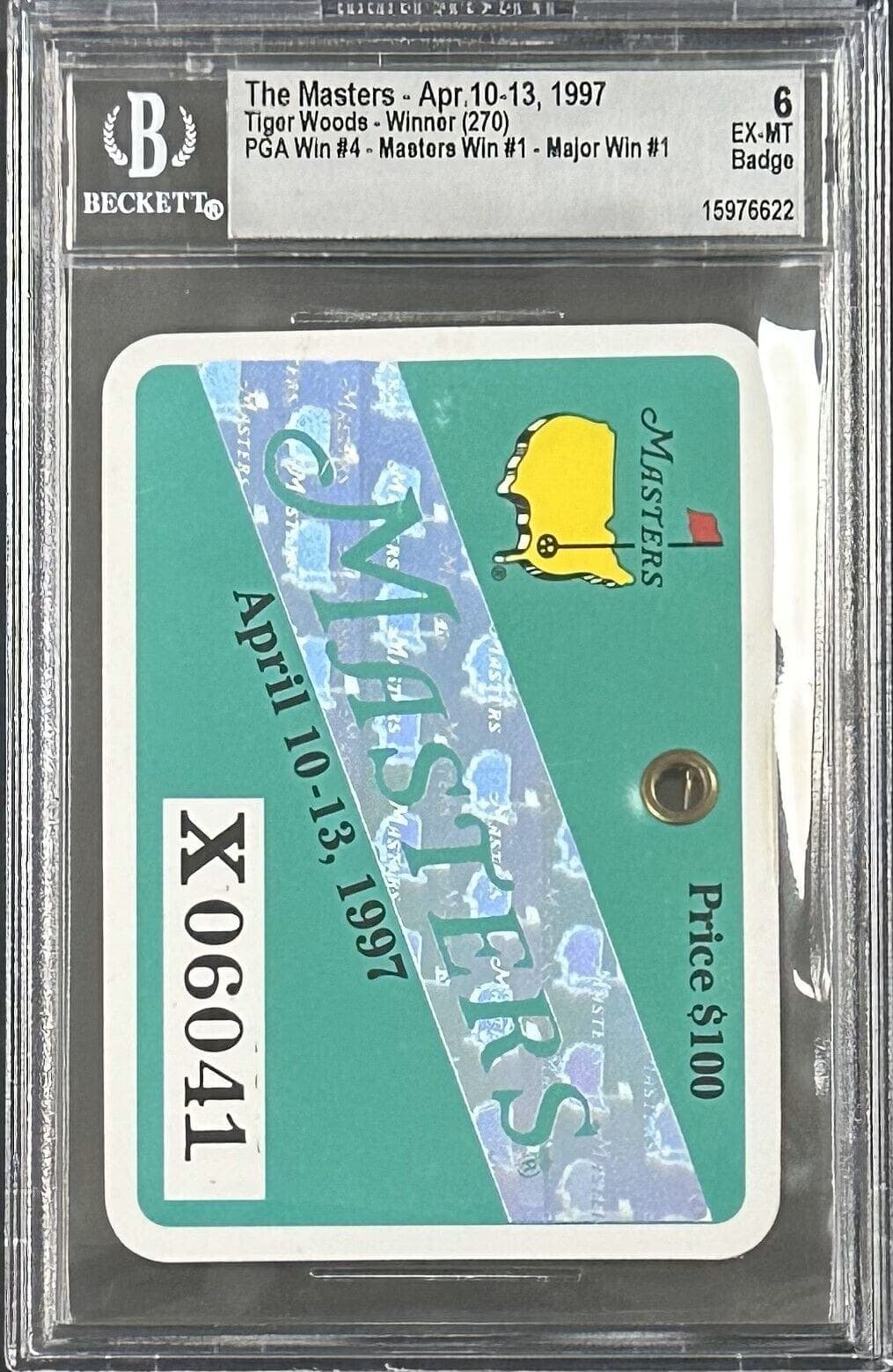 Tiger Woods 1997 Masters Badge Woods 1st Masters Win Beckett 6 EX-MT 15976622 Tiger Woods Card 15976622, supplier stock photo