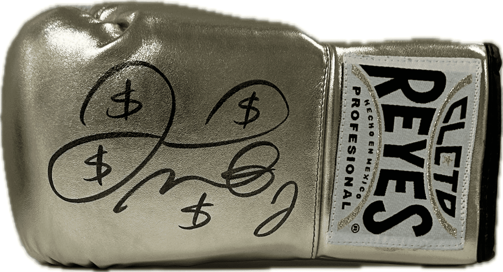 Floyd Mayweather Jr Signed Gold Cleto Reyes Boxing Glove JSA Right w/ $ signs Floyd Mayweather Jr. Glove gold-cleto-reyes-boxing-right-signs, supplier stock photo