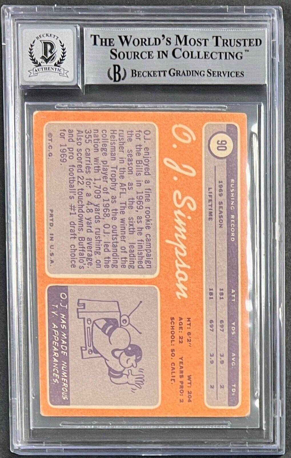 O.J. Simpson Signed 1970 Topps Rookie Card BAS 14058510 Auto 10 The Juice O.J. Simpson Card 14058510, view 2, supplier stock photo