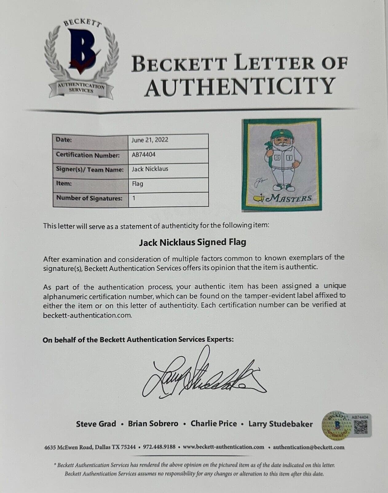 Jack Nicklaus Signed Autographed Garden Masters Flag Beckett Authenticated Jack Nicklaus Ball garden-masters-flag, view 2, supplier stock photo