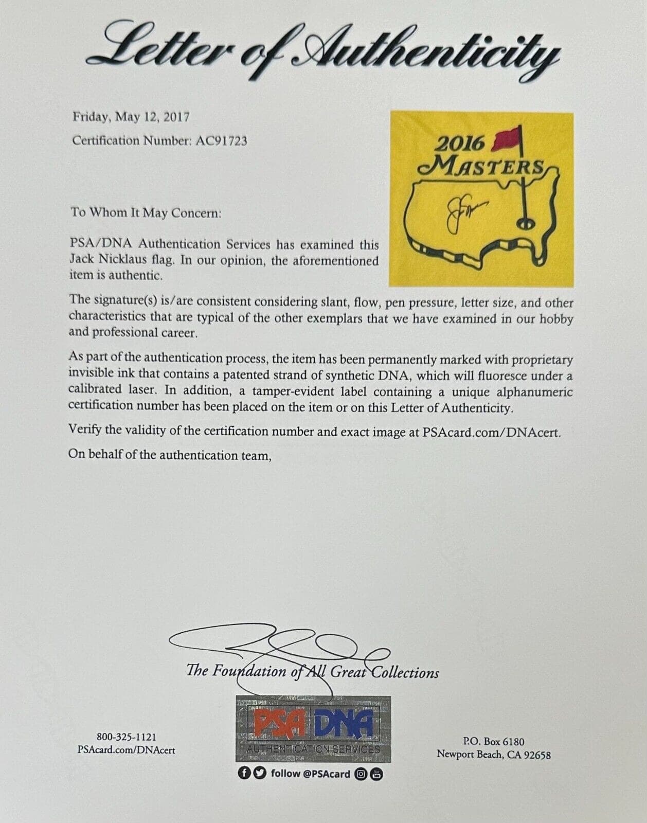 Jack Nicklaus Signed Autographed 2016 Masters Flag PSA/DNA Authentic AC91723 Jack Nicklaus Ball 2016-masters-flag-ac91723, view 2, supplier stock photo