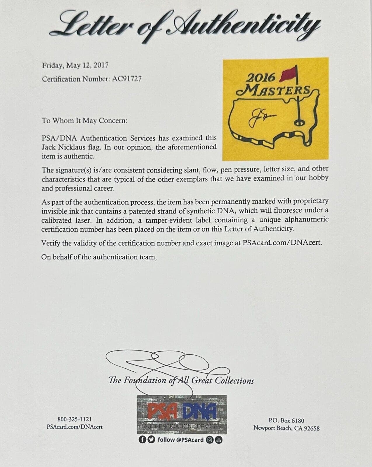 Jack Nicklaus Signed Autographed 2016 Masters Flag PSA/DNA Authentic AC91727 Jack Nicklaus Ball 2016-masters-flag-ac91727, view 2, supplier stock photo