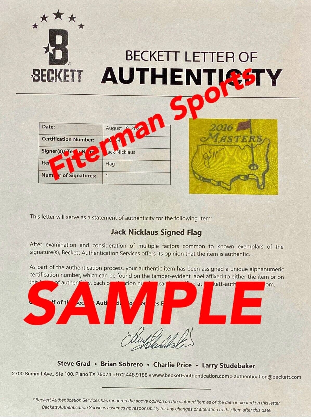 Jack Nicklaus Signed Autographed Framed Masters Flag Beckett Authenticated Jack Jack Nicklaus Other framed-masters-flag, view 2, supplier stock photo