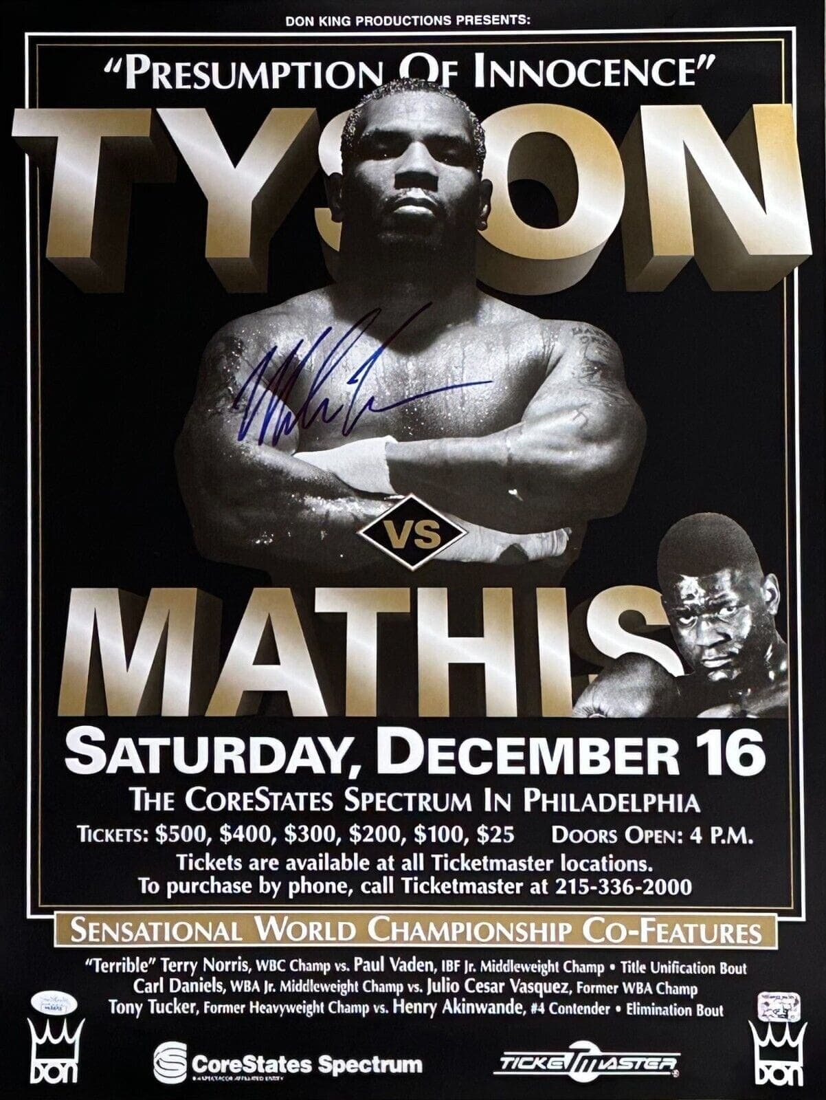 Mike Tyson vs Mathis Signed Original Fight Poster JSA & Tyson Hologram Authen Mike Tyson Other vs-mathis-original-fight-poster-hologram, supplier stock photo