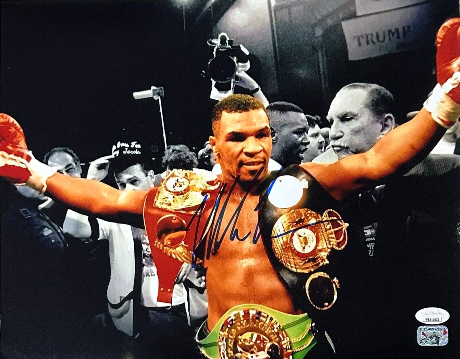 Mike Tyson Signed Autographed 11×14 Photo JSA & Mike Tyson Authentic Belts Blue Mike Tyson Photo 11x14-11-14-belts-blue, supplier stock photo