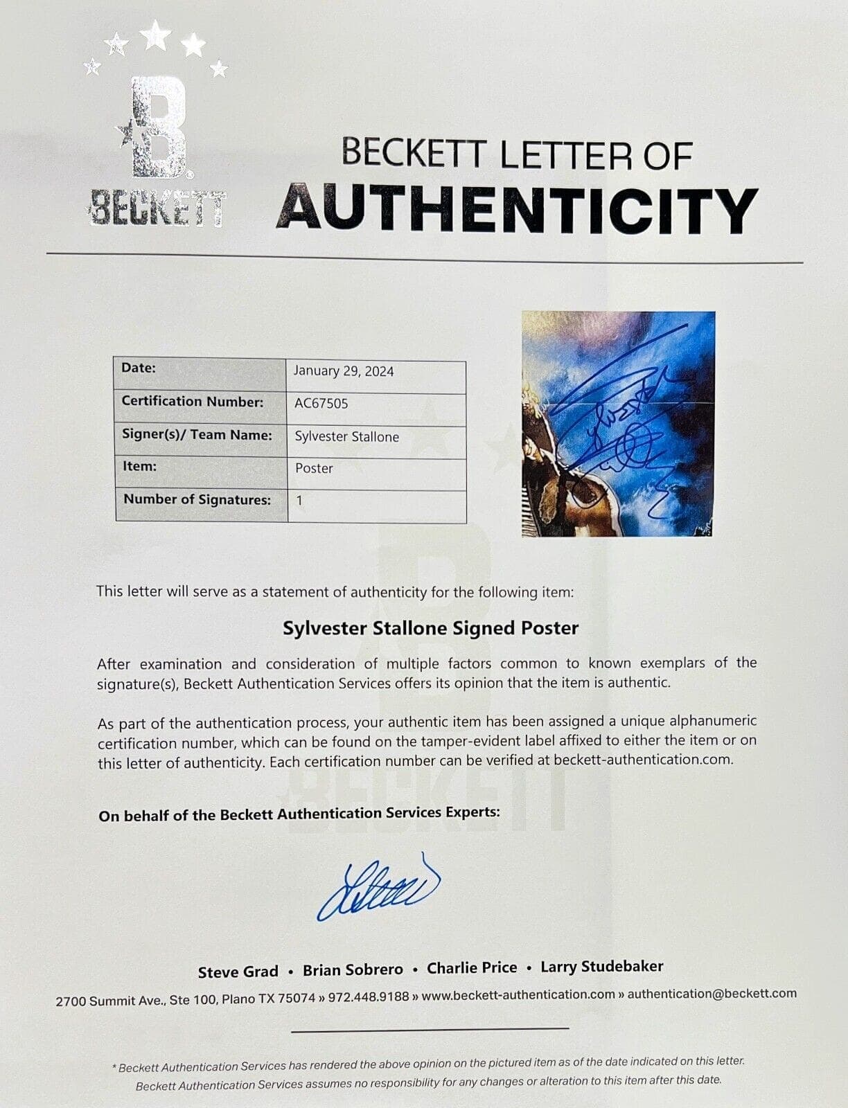 Sylvester Stallone Signed First Blood Original Movie 27×41 Poster BAS AC67505 Other 27x41-sylvester-stallone-first-blood-original, view 5, supplier stock photo