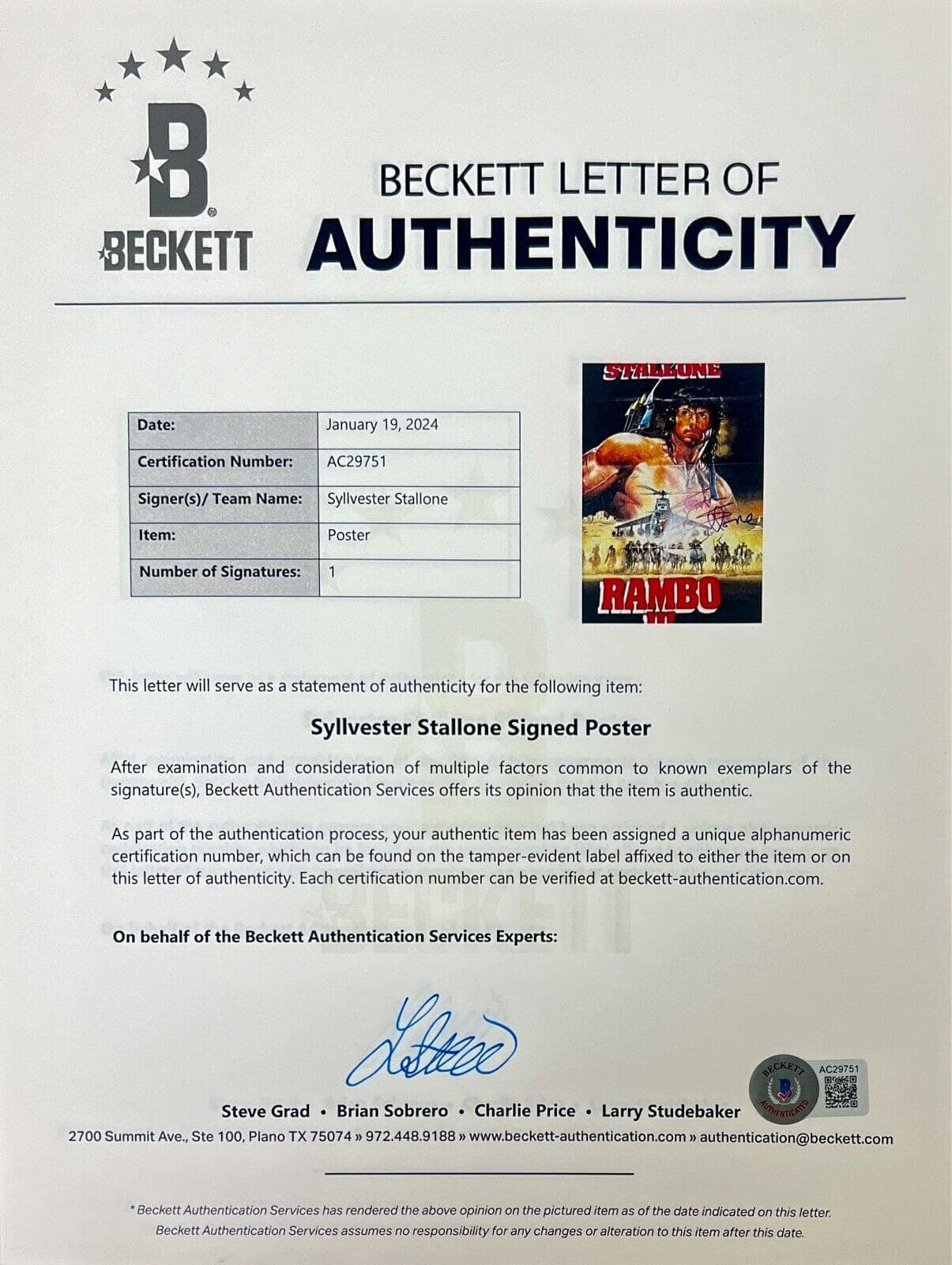 Sylvester Stallone Signed Rambo 3 Original German Movie 23×33 Poster BAS AC29751 Other 23x33-sylvester-stallone-rambo-3-original-german, view 3, supplier stock photo