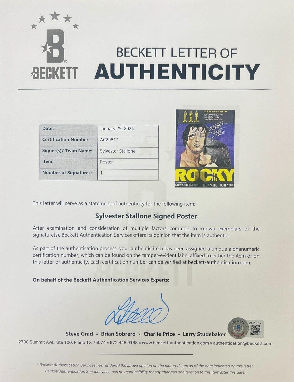 Sylvester Stallone Signed Rocky Original Croatian Movie 19×27 Poster BAS AC29817 Other 19x27-sylvester-stallone-rocky-original-croatian, view 3, supplier stock photo