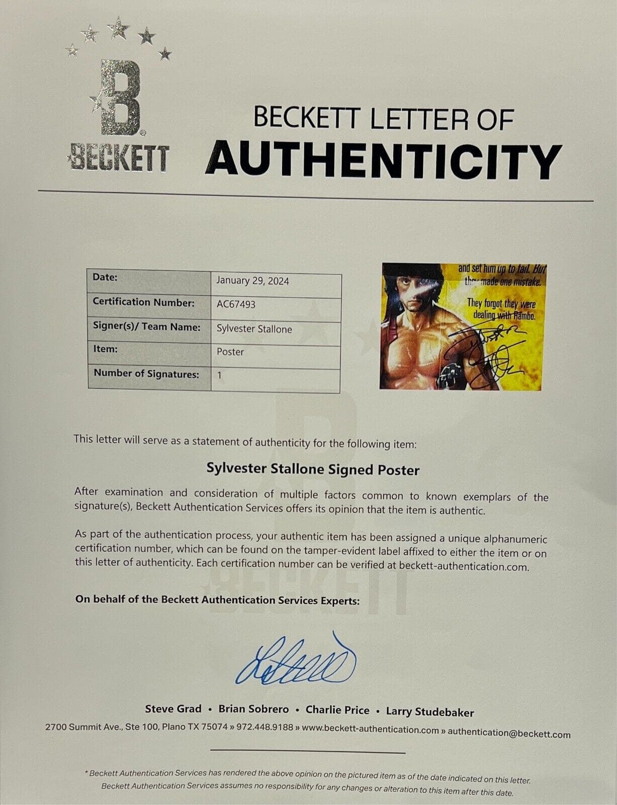 Sylvester Stallone Signed First Blood II Original Movie 27×41 Poster BAS AC67493 Sylvester Stallone Other 27x41-sylvester-stallone-first-blood-ii-original, view 4, supplier stock photo