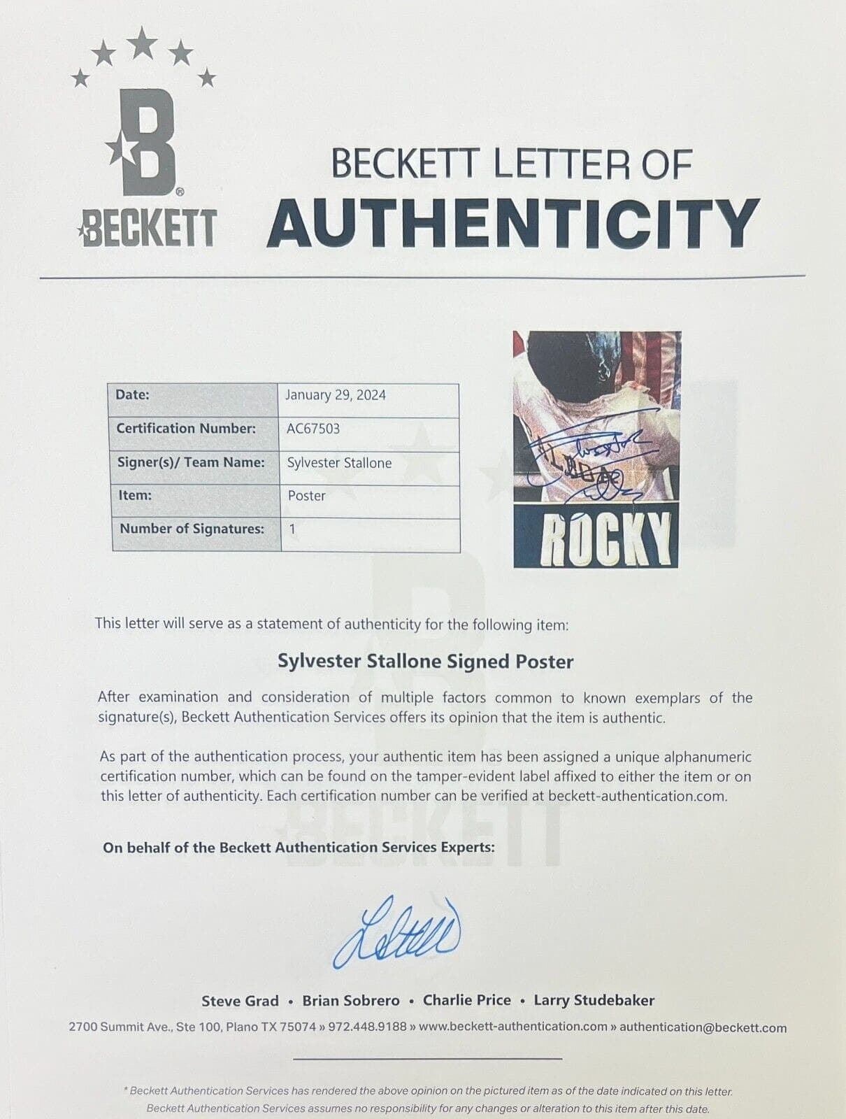 Sylvester Stallone Signed First Rocky IV Original Movie 27×41 Poster BAS AC67503 Other 27x41-sylvester-stallone-first-rocky-iv-original, view 4, supplier stock photo