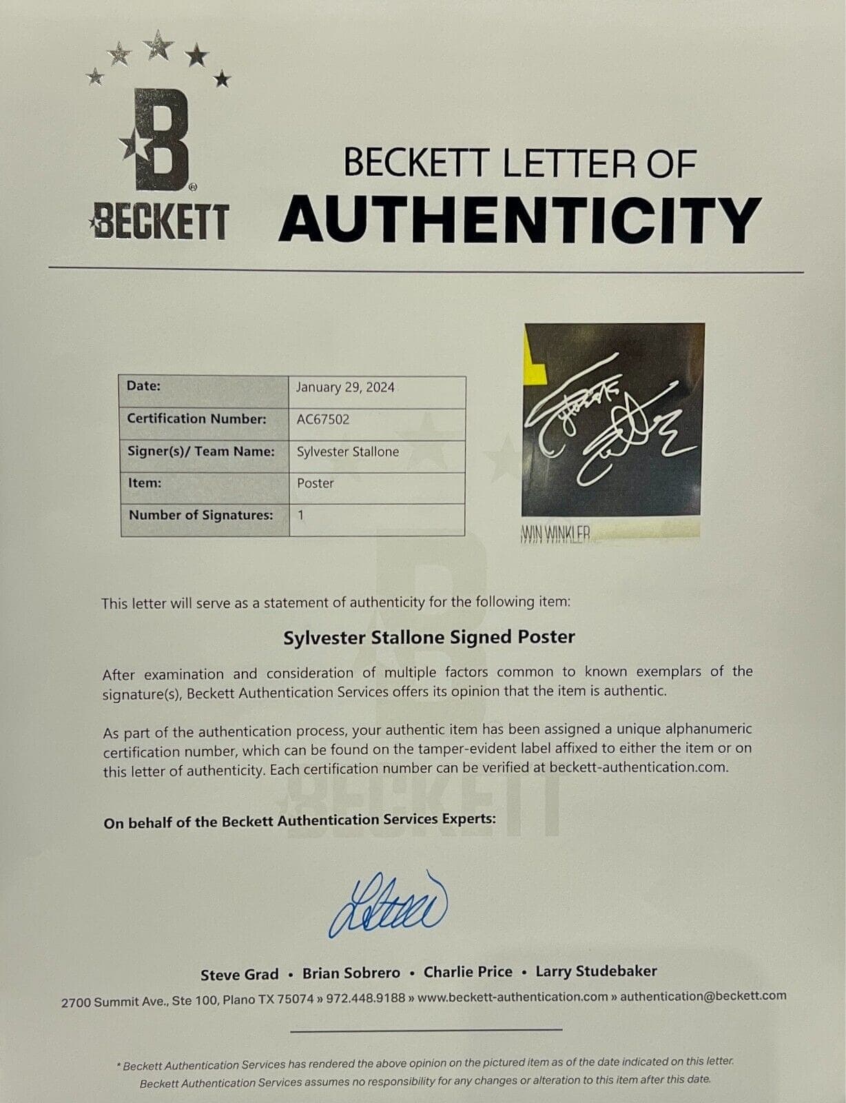 Sylvester Stallone Signed First Rocky II Original Movie 27×41 Poster BAS AC67502 Other 27x41-sylvester-stallone-first-rocky-ii-original, view 5, supplier stock photo