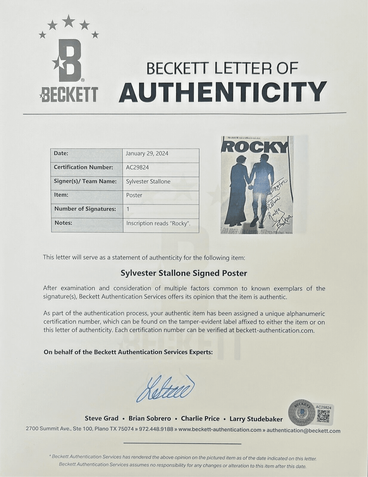 Sylvester Stallone Signed Rocky Original 21×47 Linen-Backed Poster BAS AC29823 Other 21x47-sylvester-stallone-rocky-original-21-47, view 3, supplier stock photo