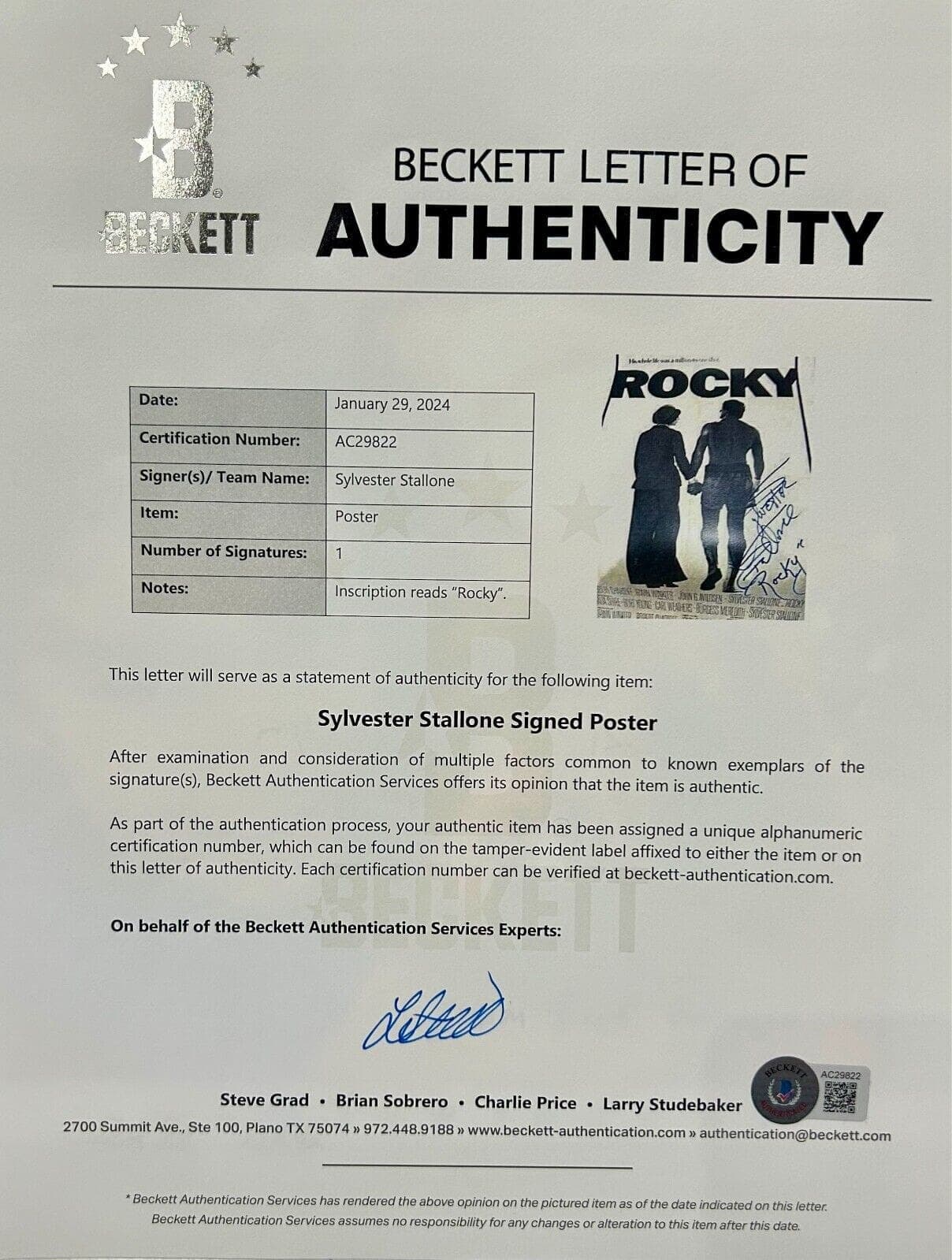 Sylvester Stallone Signed Rocky Original 21×47 Linen-Backed Poster BAS AC29822 Other 21x47-sylvester-stallone-rocky-original-21-47, view 3, supplier stock photo