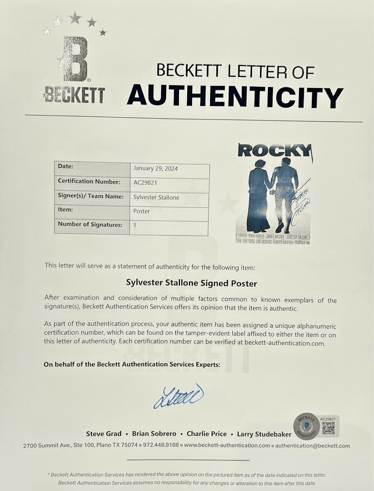 Sylvester Stallone Signed Rocky Original 21×47 Linen-Backed Poster BAS AC29821 Other 21x47-sylvester-stallone-rocky-original-21-47, view 3, supplier stock photo