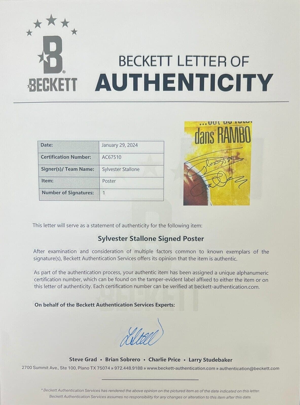 Sylvester Stallone Signed Rambo II Original 45×63 French Poster BAS AC67510 Sylvester Stallone Other 45x63-sylvester-stallone-rambo-ii-original-45, view 5, supplier stock photo