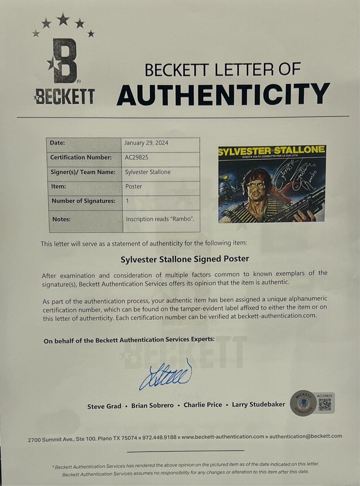Sylvester Stallone Signed Rambo Original 39×53 Linen-Backed Poster BAS AC29825 Sylvester Stallone Other 39x53-sylvester-stallone-rambo-original-39-53, view 3, supplier stock photo