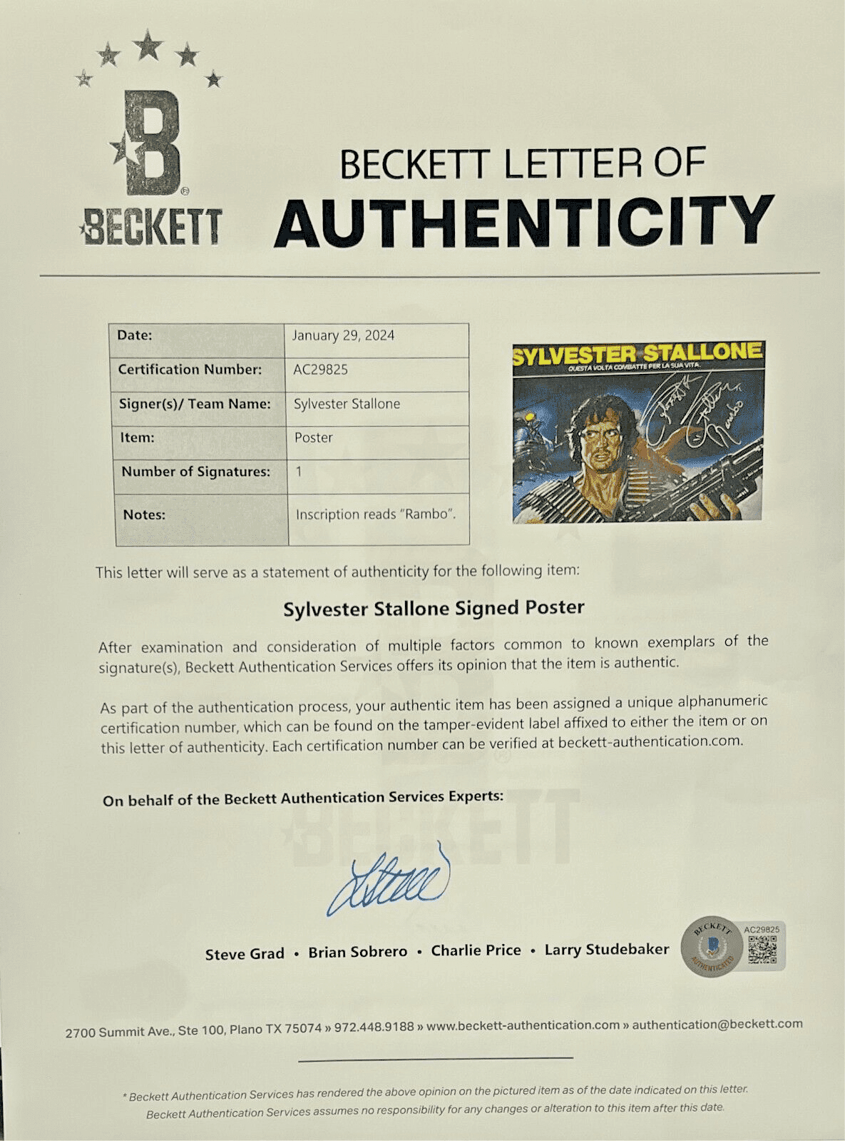 Sylvester Stallone Signed Rambo I Original 46×62 Linen-Backed Poster BAS AC29826 Sylvester Stallone Other 46x62-sylvester-stallone-rambo-original-46-62, view 3, supplier stock photo