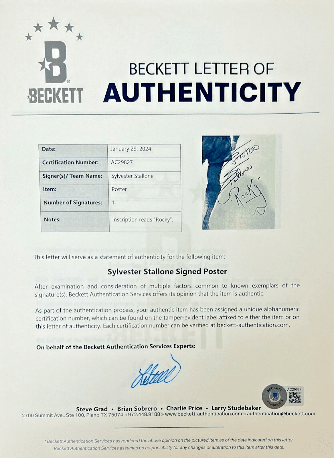 Sylvester Stallone Signed Rocky Original 40×59 Linen-Backed Poster BAS AC29827 Sylvester Stallone Other 40x59-sylvester-stallone-rocky-original-40-59, view 3, supplier stock photo